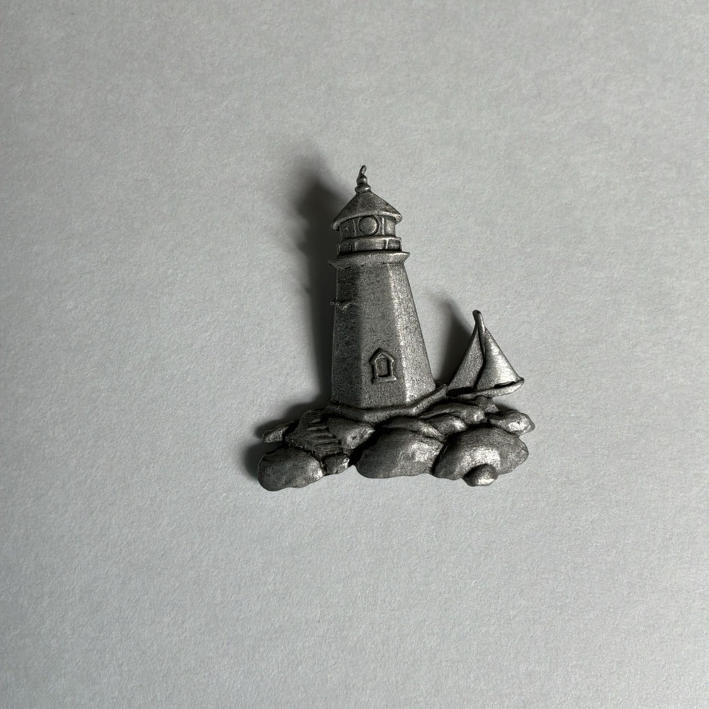 JJ Jonette Jewelry Silver Tone Pewter Lighthouse with Sailboat Pin Vintage